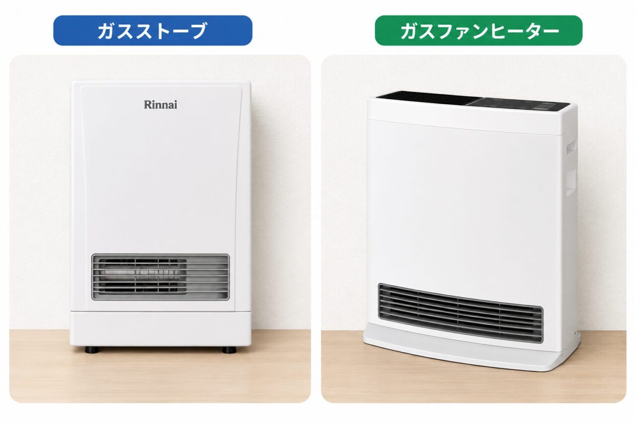 ガスストーブとガスファンヒーターを並べて比較したイメージ。左に正面向きのガスストーブ、右に斜め向きのガスファンヒーターを配置した比較画像。