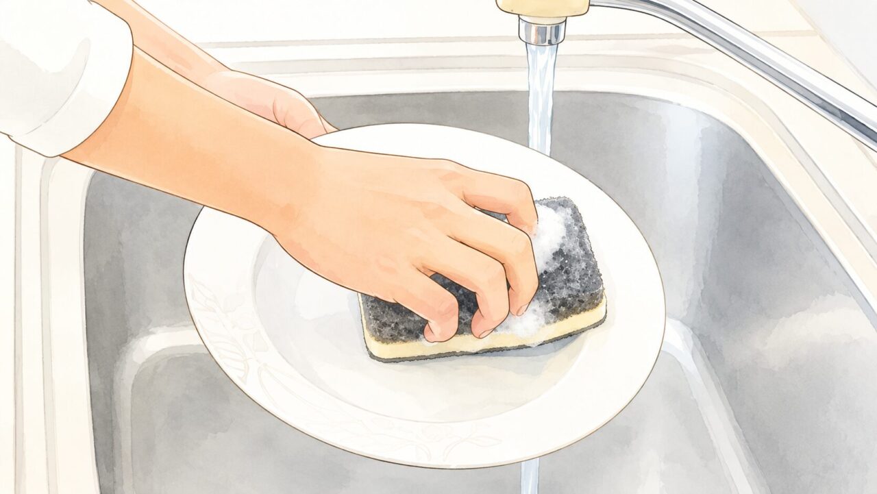 食器をスポンジで洗っている様子を描いたイラスト。シンクで水を流しながら皿を手洗いしている清潔感のあるキッチンシーン。