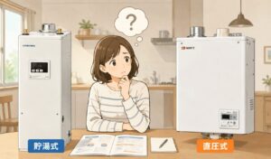 貯湯式ボイラーと直圧式ボイラーを見比べながら、どちらを選ぶべきか悩んでいる人物のイメージイラスト