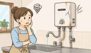 寿命を迎えて故障した瞬間湯沸かし器を前に、お湯が出ず困惑している女性のイメージイラスト。劣化した本体と適切に接続された水・ガス配管が描かれた横長イラスト。