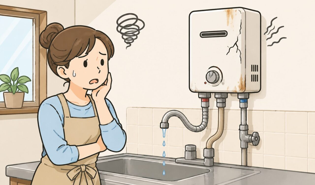 寿命を迎えて故障した瞬間湯沸かし器を前に、お湯が出ず困惑している女性のイメージイラスト。劣化した本体と適切に接続された水・ガス配管が描かれた横長イラスト。