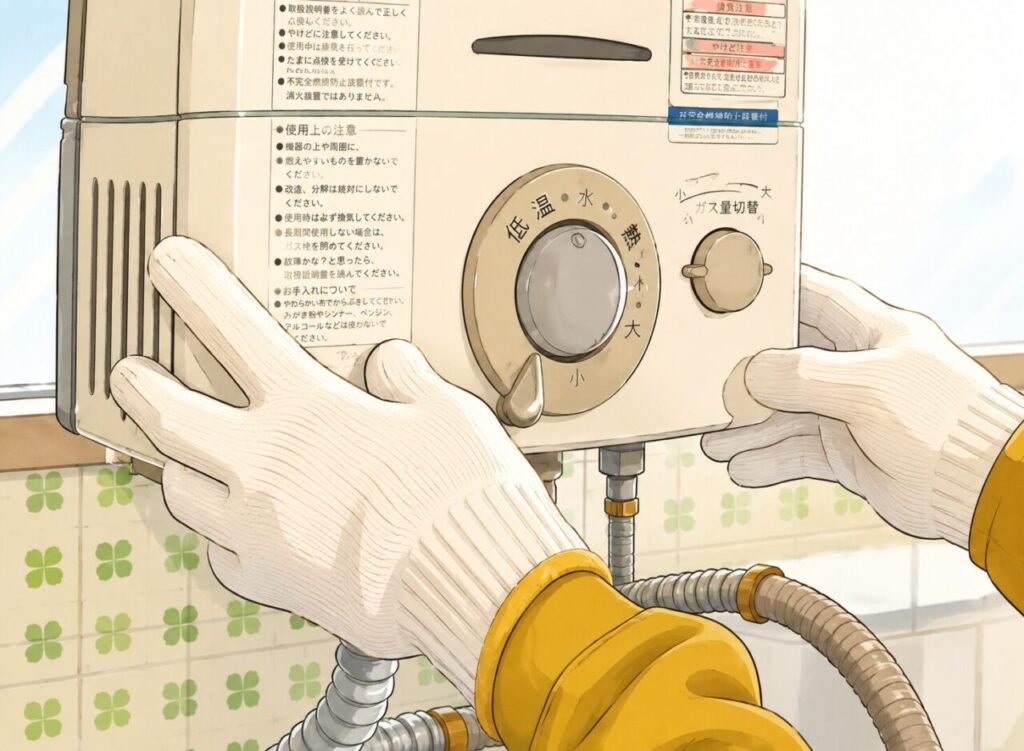 瞬間湯沸かし器の点検・交換作業を行う様子を描いたイラスト。白い作業手袋を着けた作業員が本体を支えながら操作しているシーン。