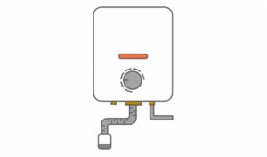 ガス瞬間湯沸かし器(小型湯沸器)の本体と接続配管をシンプルなイラストで描いた横長イメージ