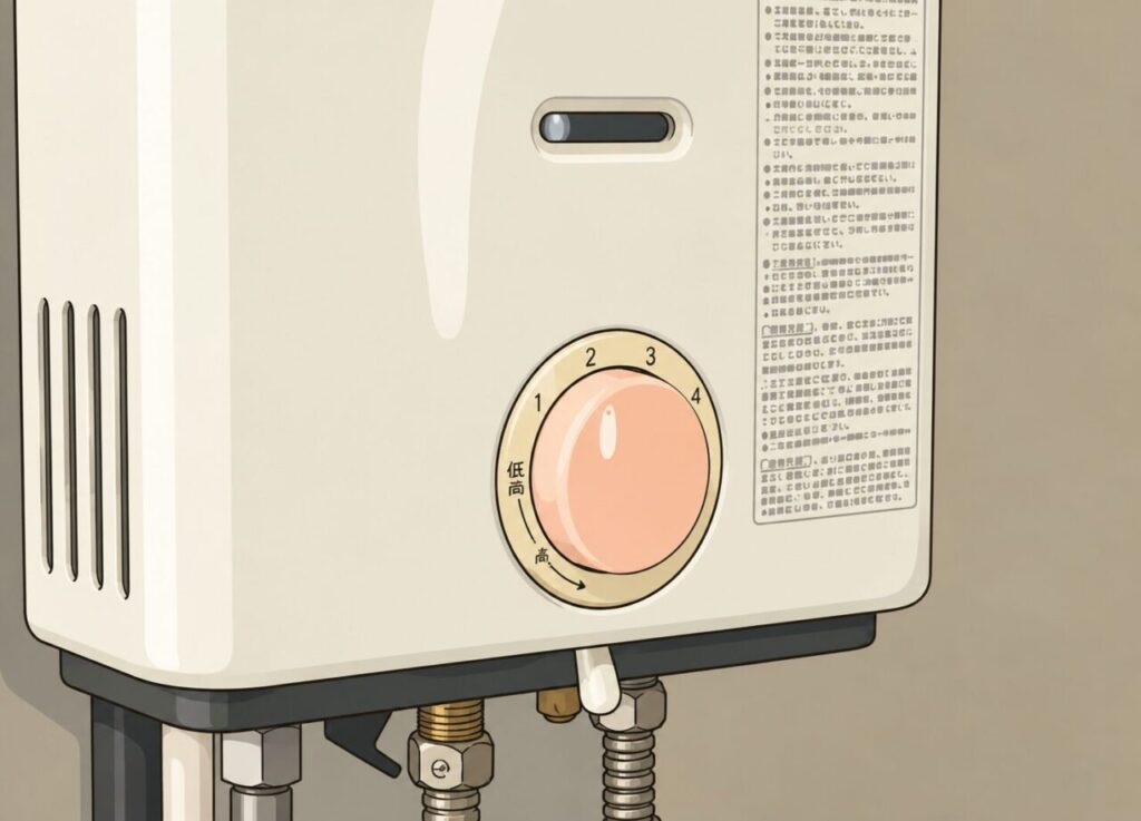 壁掛け式の小型ガス湯沸器をイラスト風で描いたイメージ。