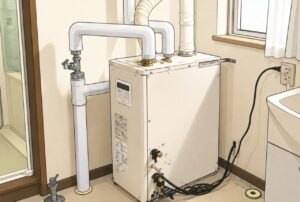 屋内に設置された石油給湯機と配管設備をイラスト風で描いた横長イメージ。洗面台や窓のある明るいユーティリティスペースに給湯設備が設置されている様子。