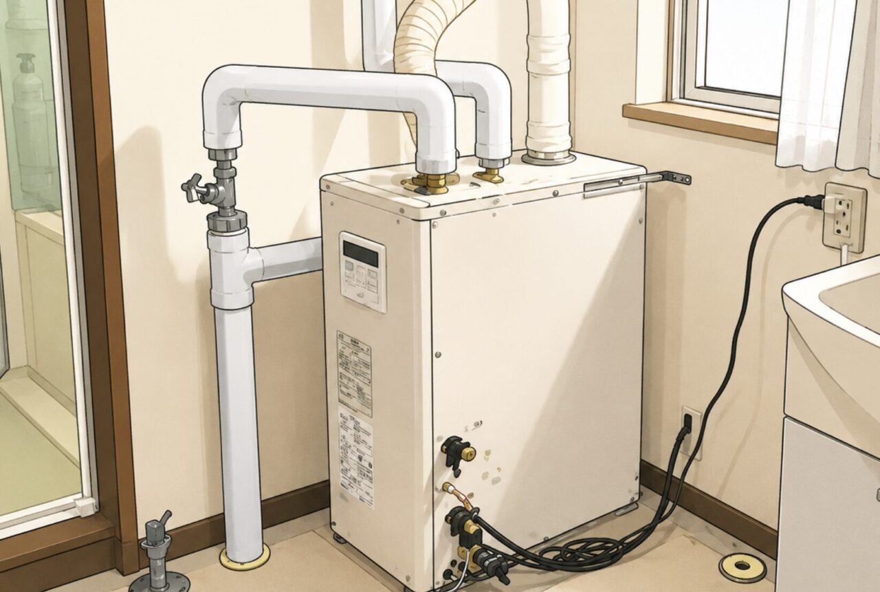 屋内に設置された石油給湯機と配管設備をイラスト風で描いた横長イメージ。洗面台や窓のある明るいユーティリティスペースに給湯設備が設置されている様子。
