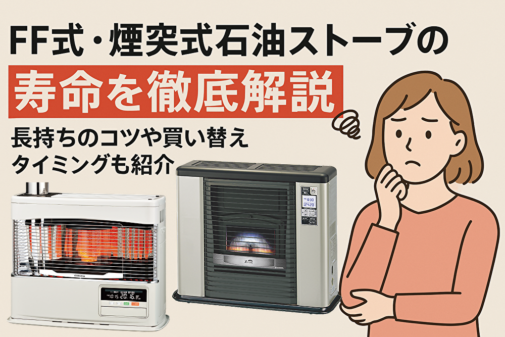 FF式・煙突式石油ストーブの寿命を徹底解説と書かれた解説用の画像。白色の煙突式ストーブとグレーのFF式ストーブが並び、買い替えタイミングに悩む女性のイラストが描かれている。