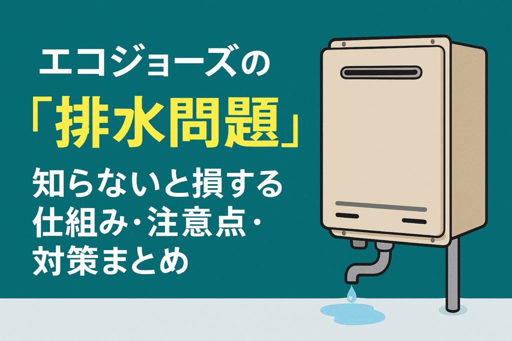 エコジョーズの排水問題をテーマに、排水口から水滴が垂れている様子をイラストで表現した説明用画像。仕組み・注意点・対策について解説する内容を伝えている