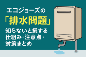エコジョーズの排水問題をテーマに、排水口から水滴が垂れている様子をイラストで表現した説明用画像。仕組み・注意点・対策について解説する内容を伝えている