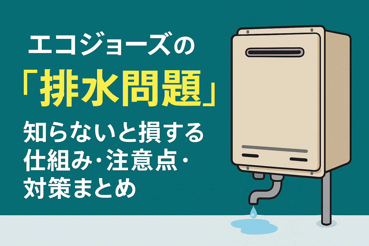 エコジョーズの排水問題をテーマに、排水口から水滴が垂れている様子をイラストで表現した説明用画像。仕組み・注意点・対策について解説する内容を伝えている