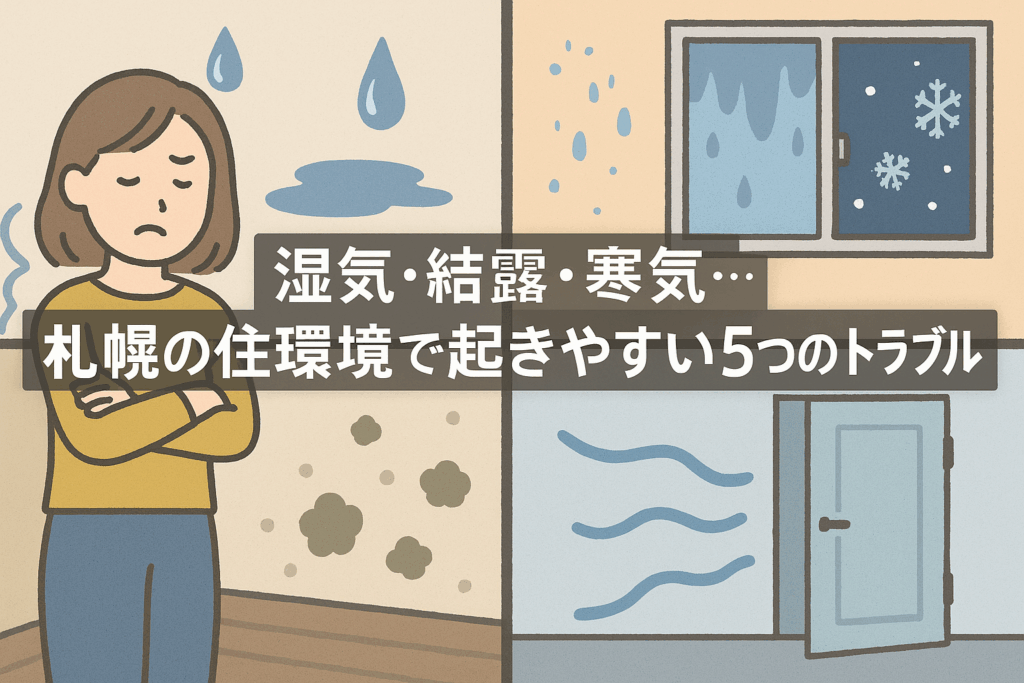 室内で湿気や結露、寒気などのトラブルに悩む女性と、カビや水滴、寒気の吹き込みを示すイラストが描かれた画像。札幌の住環境に特有の問題を表現している。