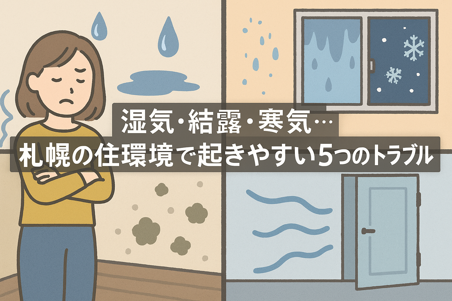 室内で湿気や結露、寒気などのトラブルに悩む女性と、カビや水滴、寒気の吹き込みを示すイラストが描かれた画像。札幌の住環境に特有の問題を表現している。