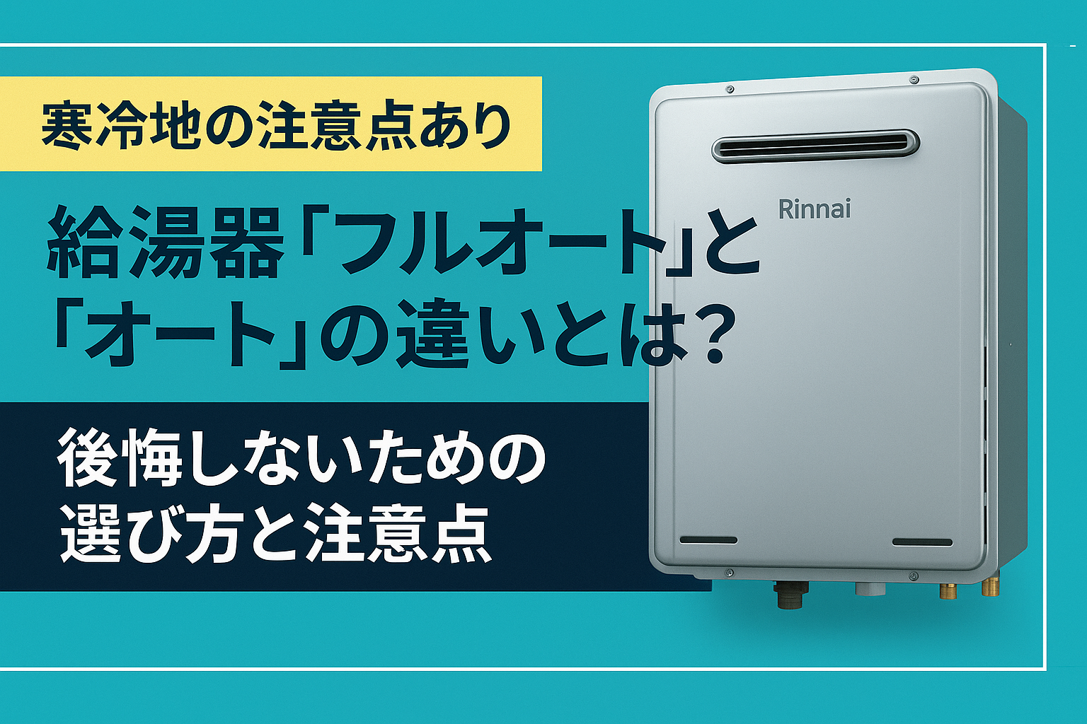 寒冷地で注意が必要な給湯器『フルオート』と『オート』の違いを解説するバナー画像。Rinnai製の屋外設置型給湯器が写っている