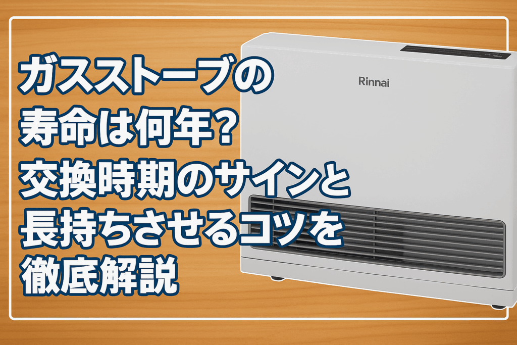 ガスストーブの寿命や交換時期、長持ちさせるコツを解説する記事のアイキャッチ画像。Rinnai製のガスストーブと木目調の背景、タイトルテキスト入り