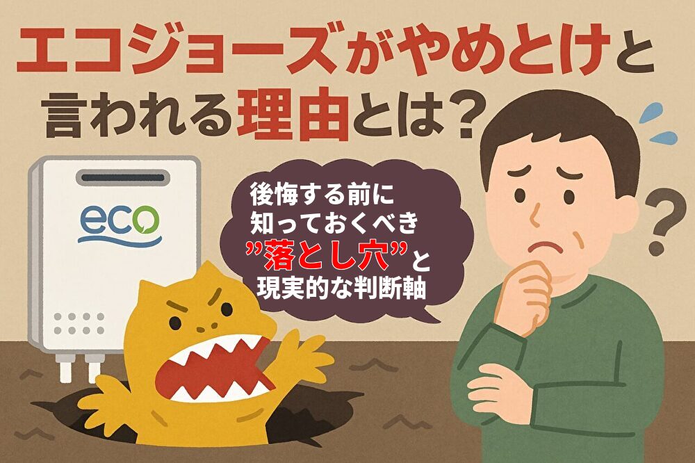 エコジョーズの導入を検討しつつ不安げな表情を浮かべる男性と、穴から現れたモンスターが描かれたイラスト。給湯器導入前の注意点を象徴する構図。