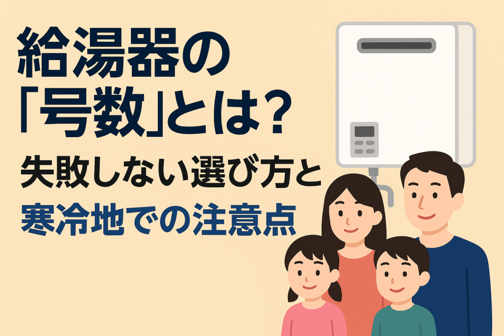 「給湯器の号数とは？失敗しない選び方と寒冷地での注意点」という見出しと、壁に設置された給湯器の横に立つ家族のイラストが描かれた情報系グラフィック画像。選び方や注意点を伝える意図が感じられる構成。