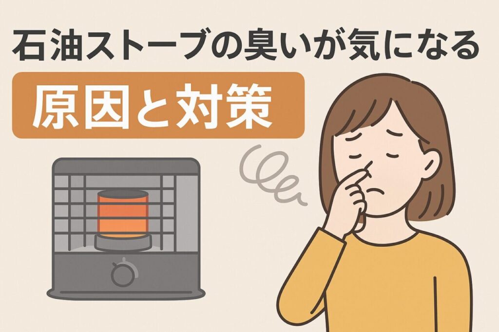 石油ストーブから臭いが漂い、鼻を押さえて困っている女性を描いたイラスト。臭いの原因と対策を説明する記事の内容を視覚的に表現している。