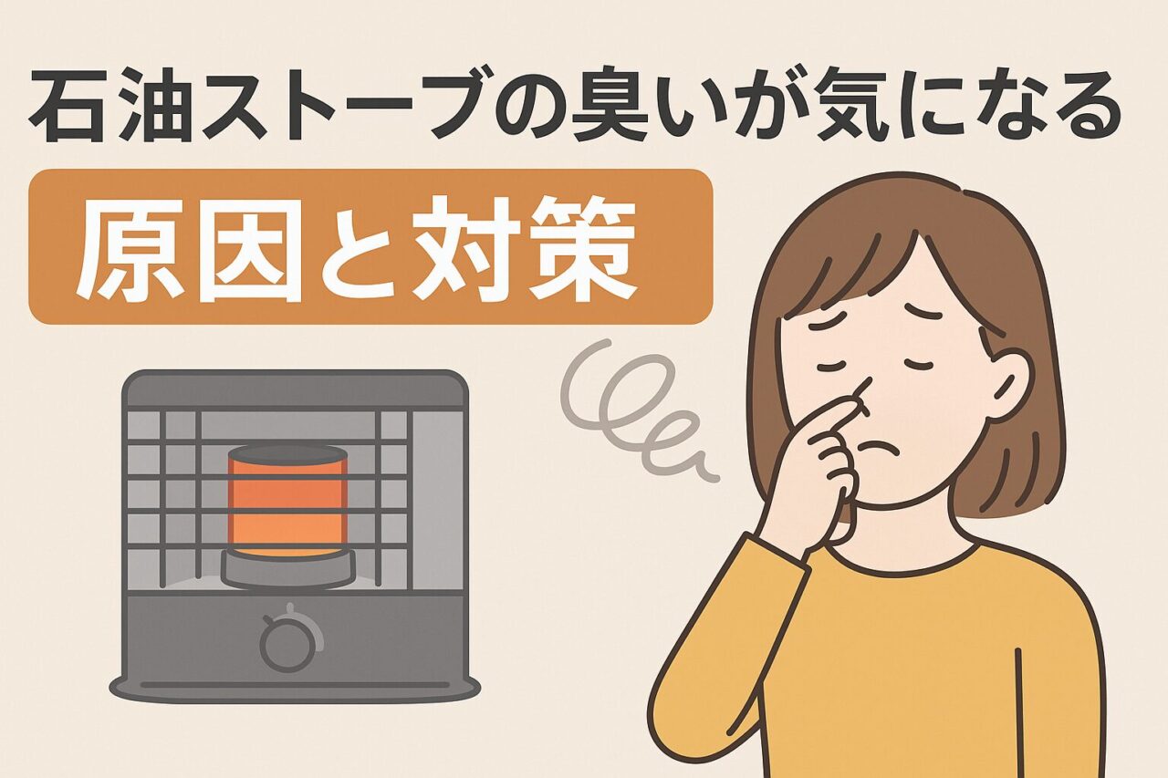 石油ストーブから臭いが漂い、鼻を押さえて困っている女性を描いたイラスト。臭いの原因と対策を説明する記事の内容を視覚的に表現している。