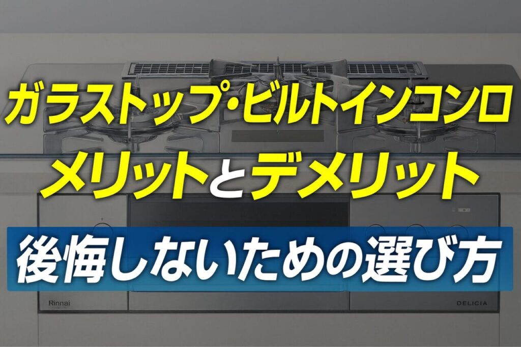 ガラストップ・ビルトインコンロのメリットとデメリットを解説する記事用のサムネイル画像。シルバーのビルトインガスコンロを背景に、黄色と青の文字で「後悔しないための選び方」と強調されている。