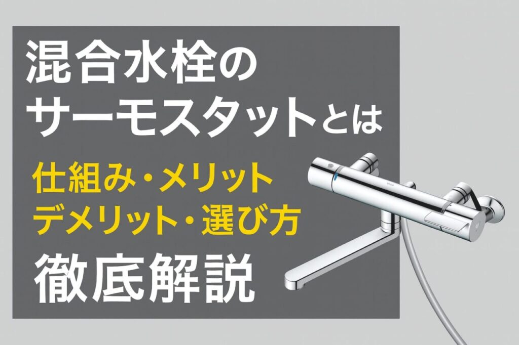 銀色のサーモスタット式混合水栓と、仕組み・メリット・デメリット・選び方を説明する日本語タイトルテキスト
