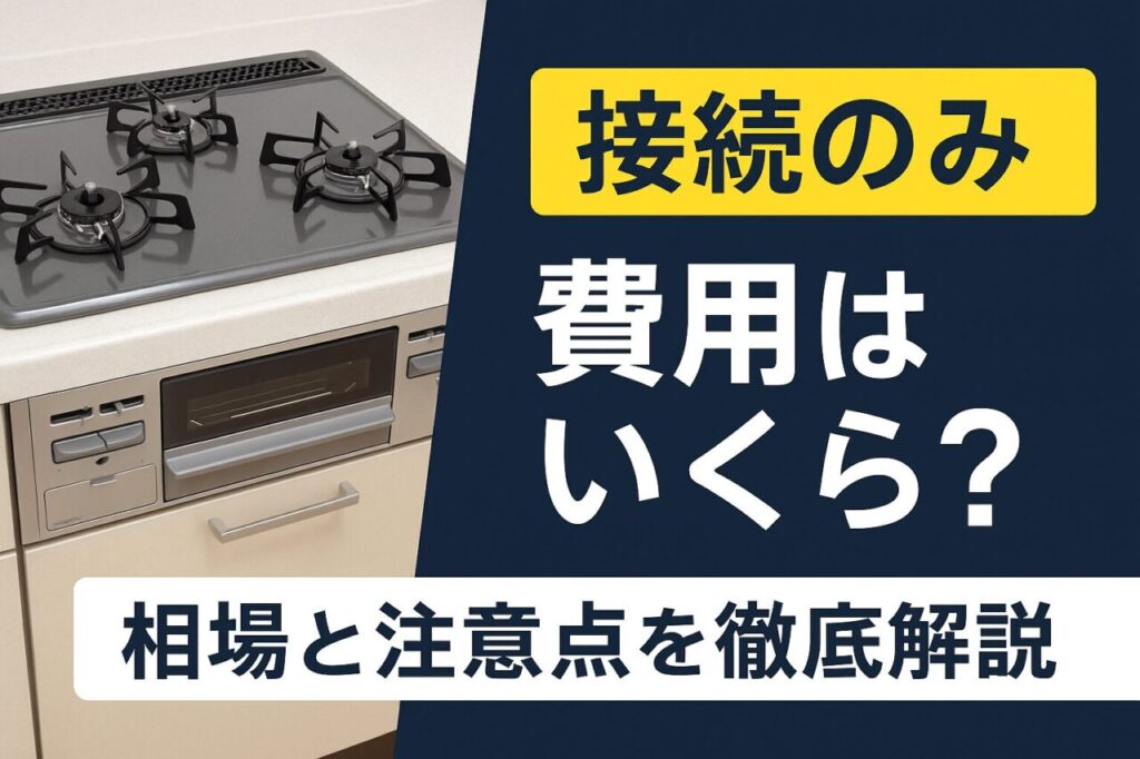 ビルトインコンロを接続のみで依頼した場合の費用相場と注意点を解説するイメージ画像。キッチンに設置された三口コンロと説明テキストが表示されている