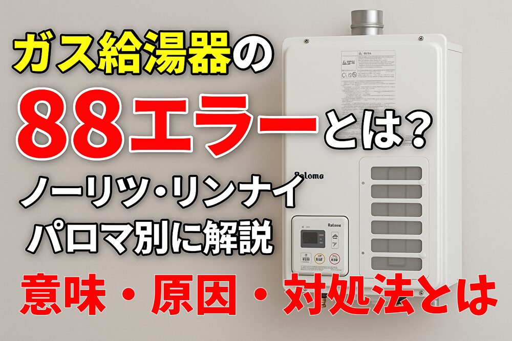 壁に設置されたパロマ製ガス給湯器と「ガス給湯器の88エラーとは？ノーリツ・リンナイ・パロマ別に解説」という文字が配置されたサムネイル
