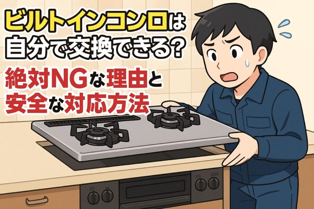 不安そうな表情でビルトインコンロを取り外そうとする男性が描かれたアニメ風イラスト。作業の危険性と専門性を視覚的に訴える構成で、「ビルトインコンロは自分で交換できる？絶対NGな理由と安全な対応方法」という文字が目立つように配置されている。