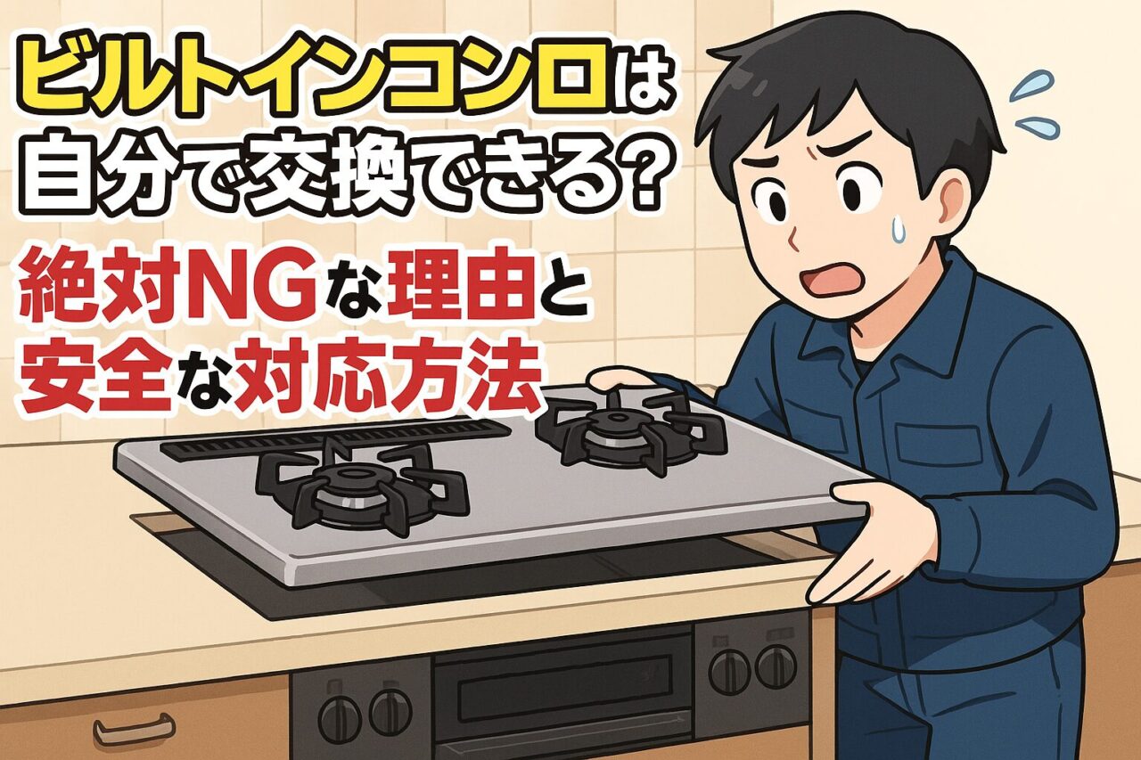 不安そうな表情でビルトインコンロを取り外そうとする男性が描かれたアニメ風イラスト。作業の危険性と専門性を視覚的に訴える構成で、「ビルトインコンロは自分で交換できる？絶対NGな理由と安全な対応方法」という文字が目立つように配置されている。