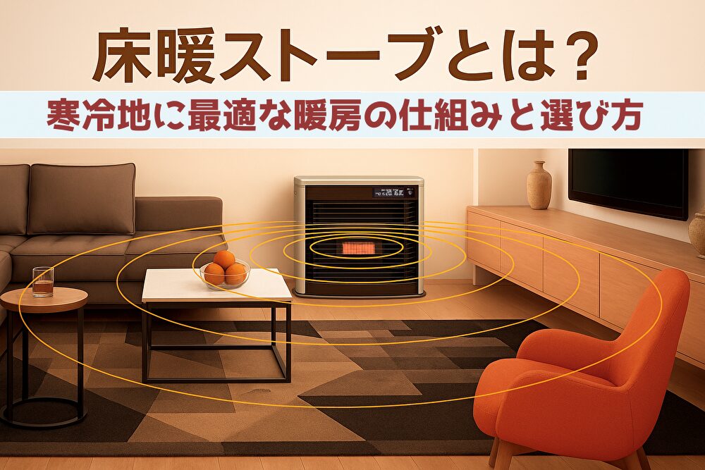 床暖ストーブが設置された現代的なリビングの様子。ストーブから放射状に広がるオレンジ色の熱の波が室内に暖かさを伝えている様子を視覚的に表現した画像。