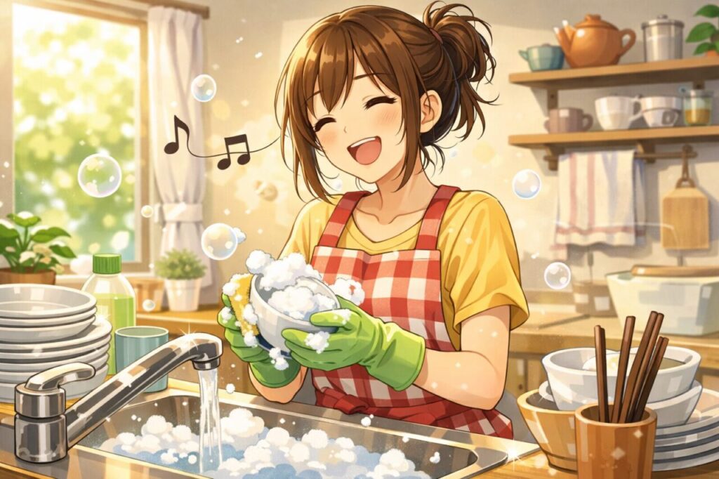 お湯が使えて楽しく茶碗洗いをしている主婦の様子