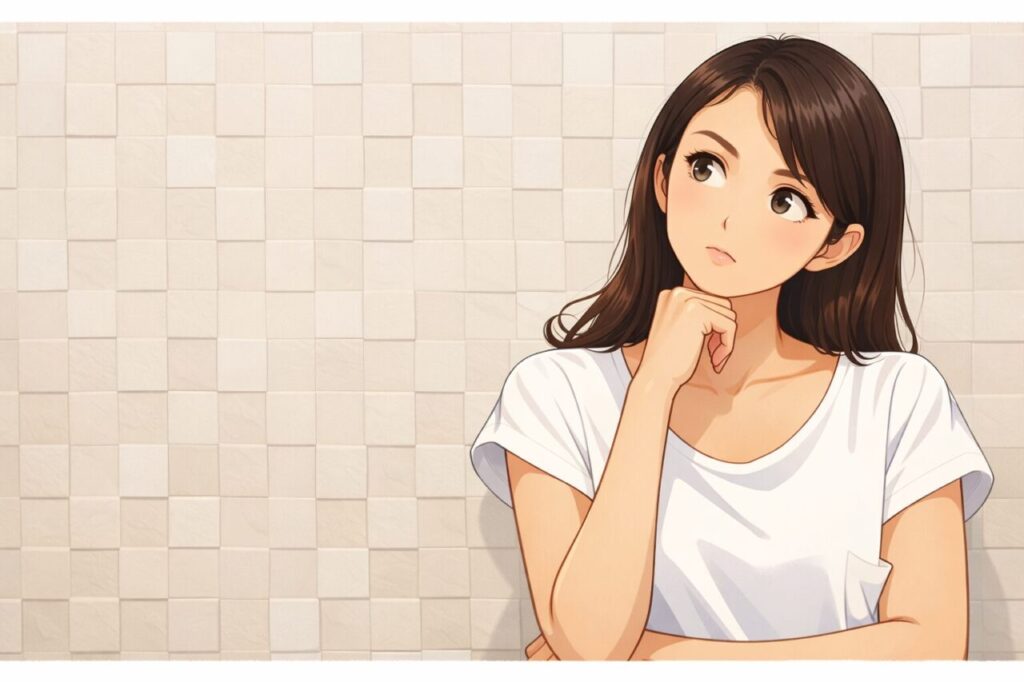 考え込む表情で顎に手を当て、視線を斜め上に向ける女性をアニメ調イラストで表現した横長構図のビジュアル