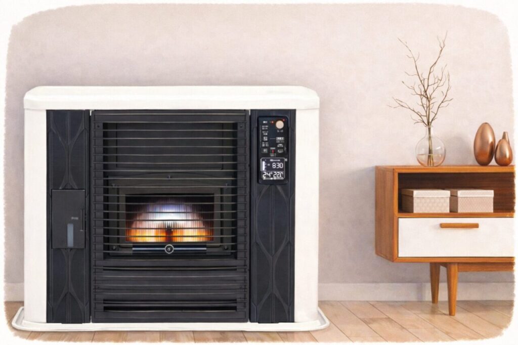 暖房運転中の据置型石油ストーブがリビングに設置され、前面のガード越しに炎の光が見え、横には木製キャビネットと花瓶が配置された落ち着いた室内の様子