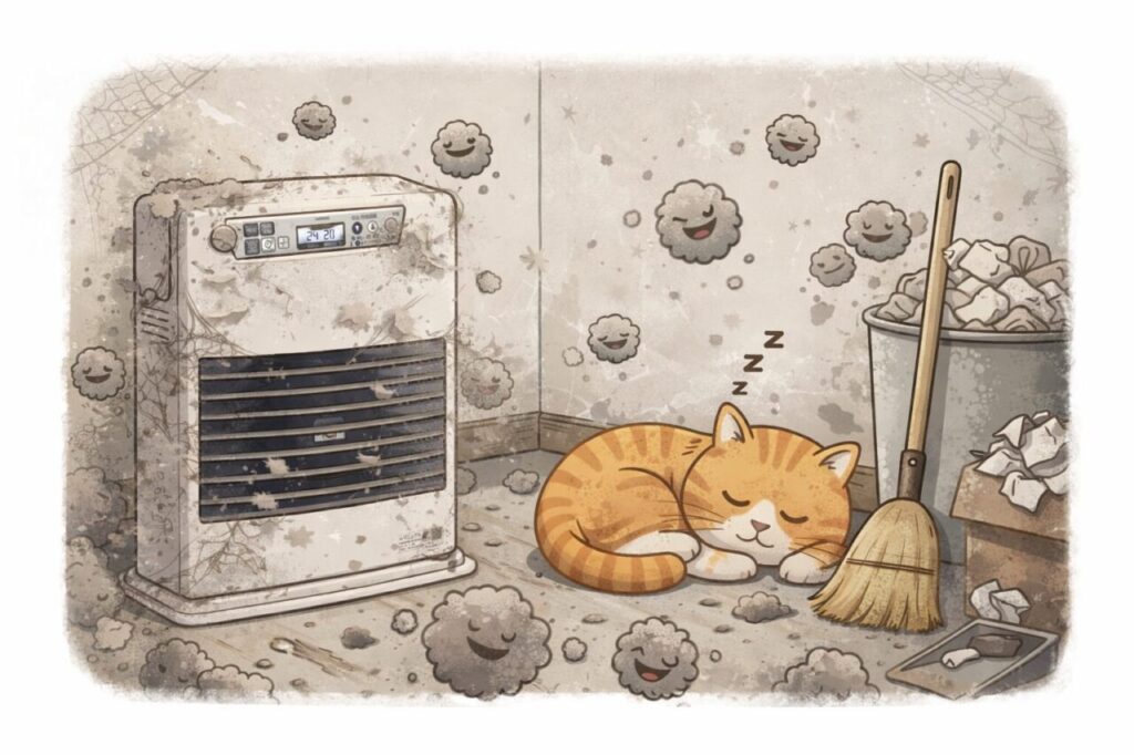 猫がいる部屋で、掃除が行き届かず埃が舞う中、ストーブの周囲や吸気口付近に埃が溜まりやすい状態をイラストで表現した様子