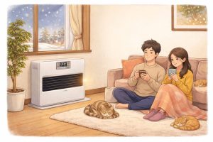 暖房機器の前でくつろぐ男女と猫たちがいる、冬のリビングのあたたかい室内風景