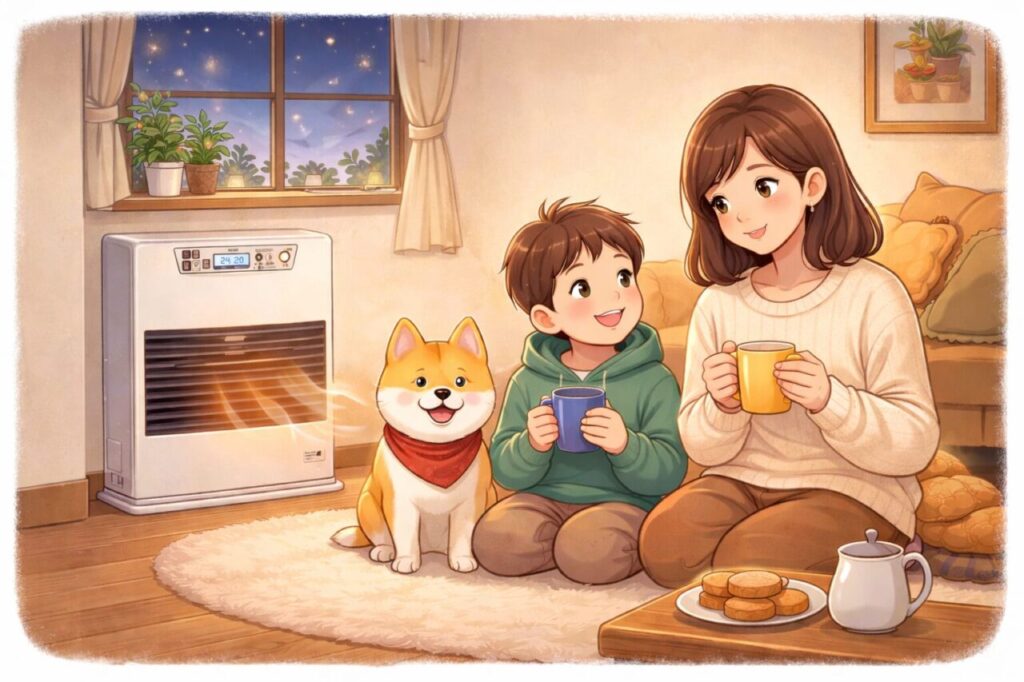 白いFF式ストーブが壁際に設置されたリビングで、暖かな風を感じながら親子と犬が床に座り、マグカップを手にくつろいで過ごしている室内の様子