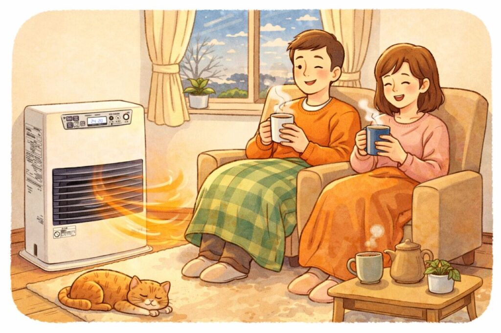 リビングで石油ストーブの暖かさを感じながら、ブランケットを掛けて飲み物を楽しむ夫婦と、足元でくつろぐ猫が描かれたイラスト風の室内風景