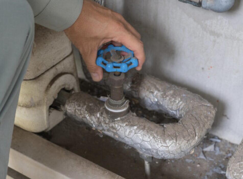 屋外に設置された配管の元栓部分を手で操作している様子で、断熱材が巻かれた配管の上に青色のバルブハンドルが取り付けられている状態