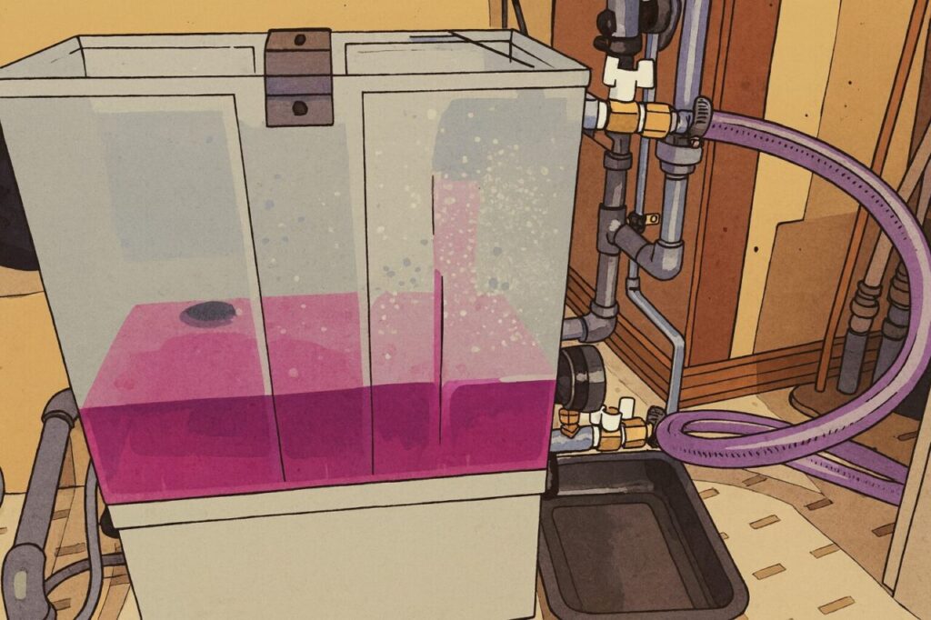 ピンク色の不凍液が入ったタンクと暖房循環配管の構造イラスト