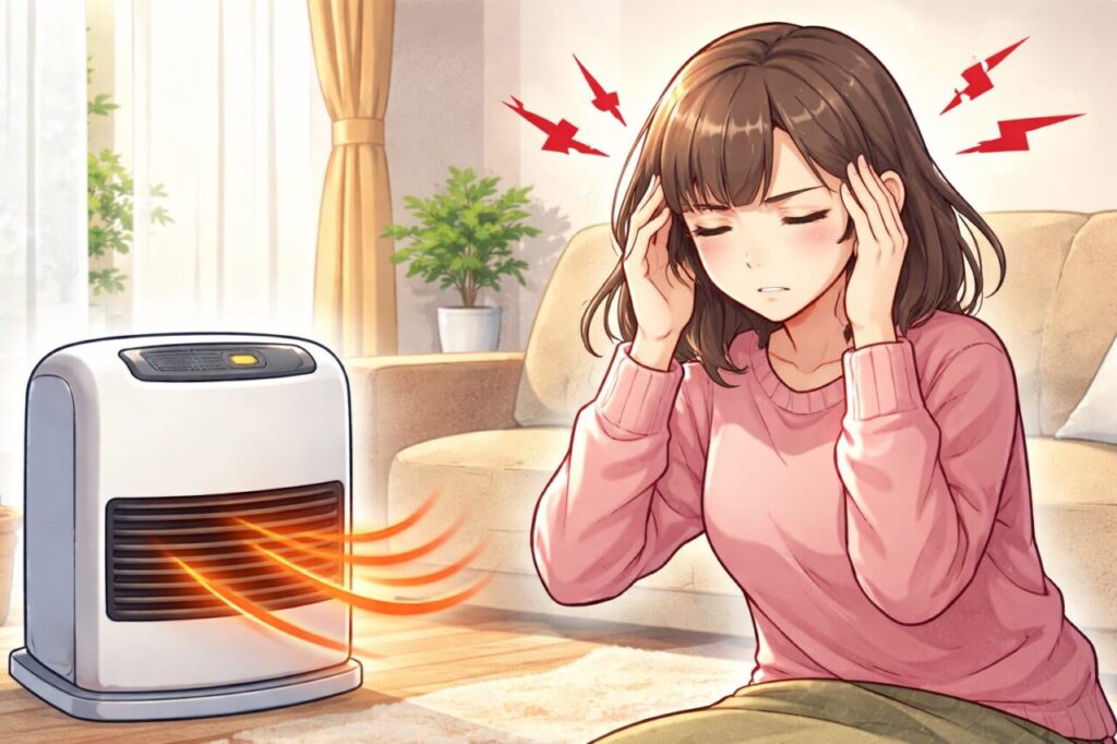 室内でファンヒーターを使用中、暖気が当たる位置に座り、こめかみを押さえて頭痛に悩んでいる様子を表現したイメージイラスト