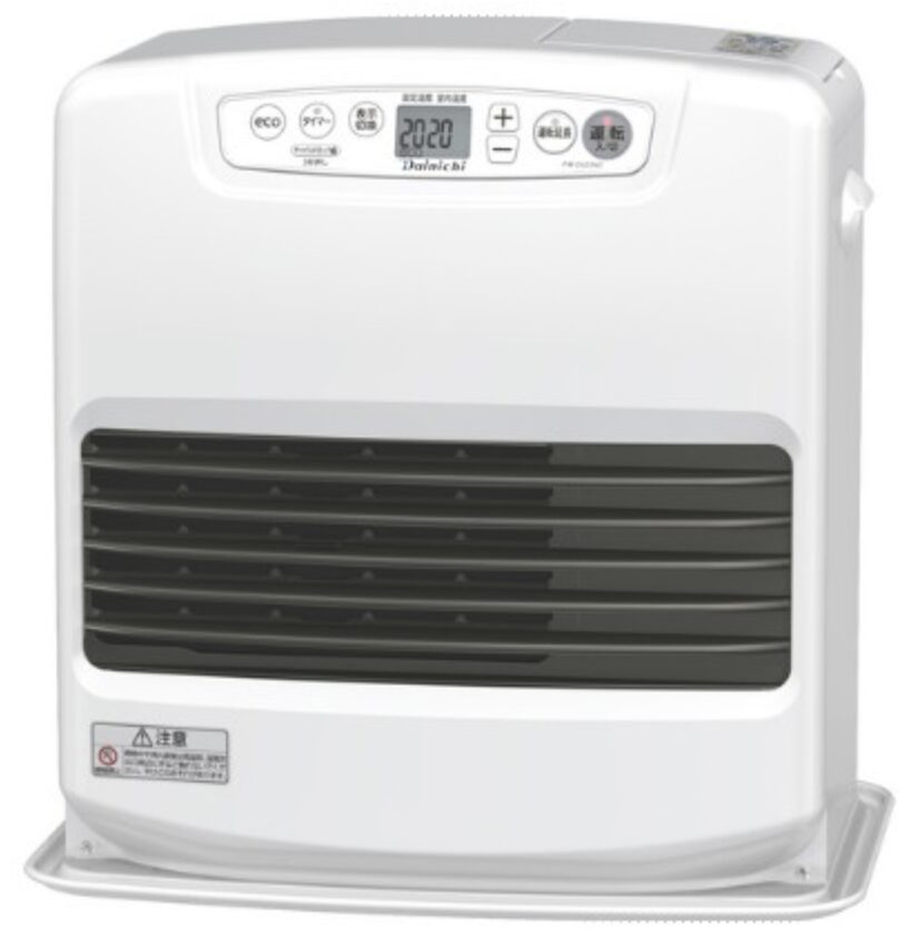 操作パネルと吹き出し口が見える石油ファンヒーターの正面外観