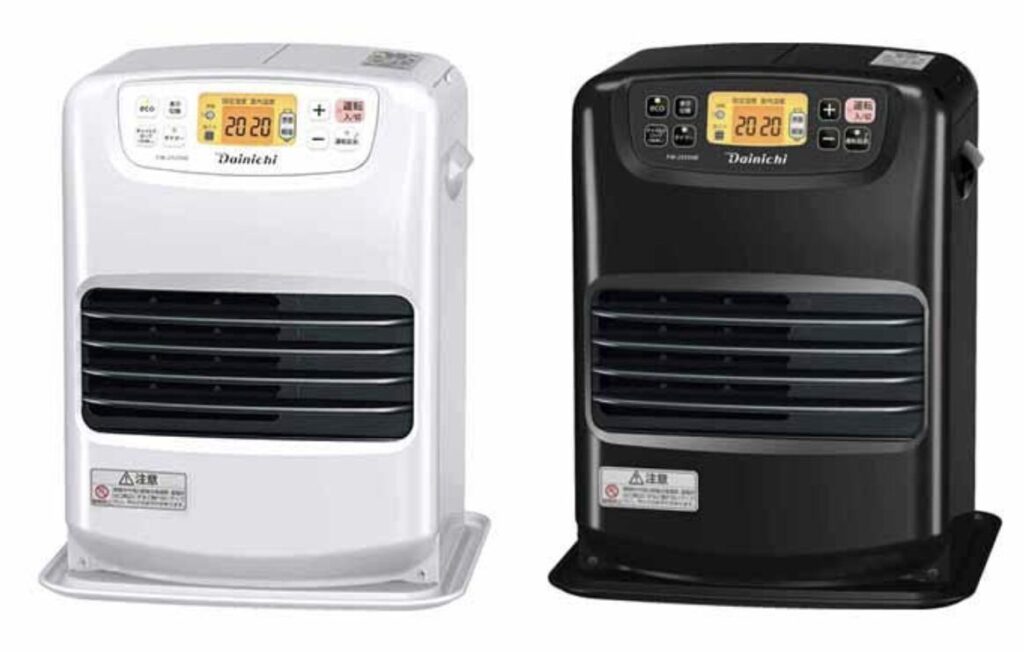 ダイニチ製の石油ファンヒーター本体を白色と黒色で並べた比較画像