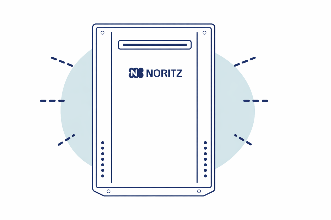 ノーリツの給湯器をシンプルな線画で表現したイラスト。中央に本体が配置され、背後に淡い円形と放射状のラインが描かれている。