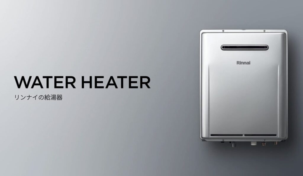 リンナイの給湯器本体が右側に配置され、左側に「WATER HEATER」と日本語説明が入ったシンプルな横長ビジュアル。