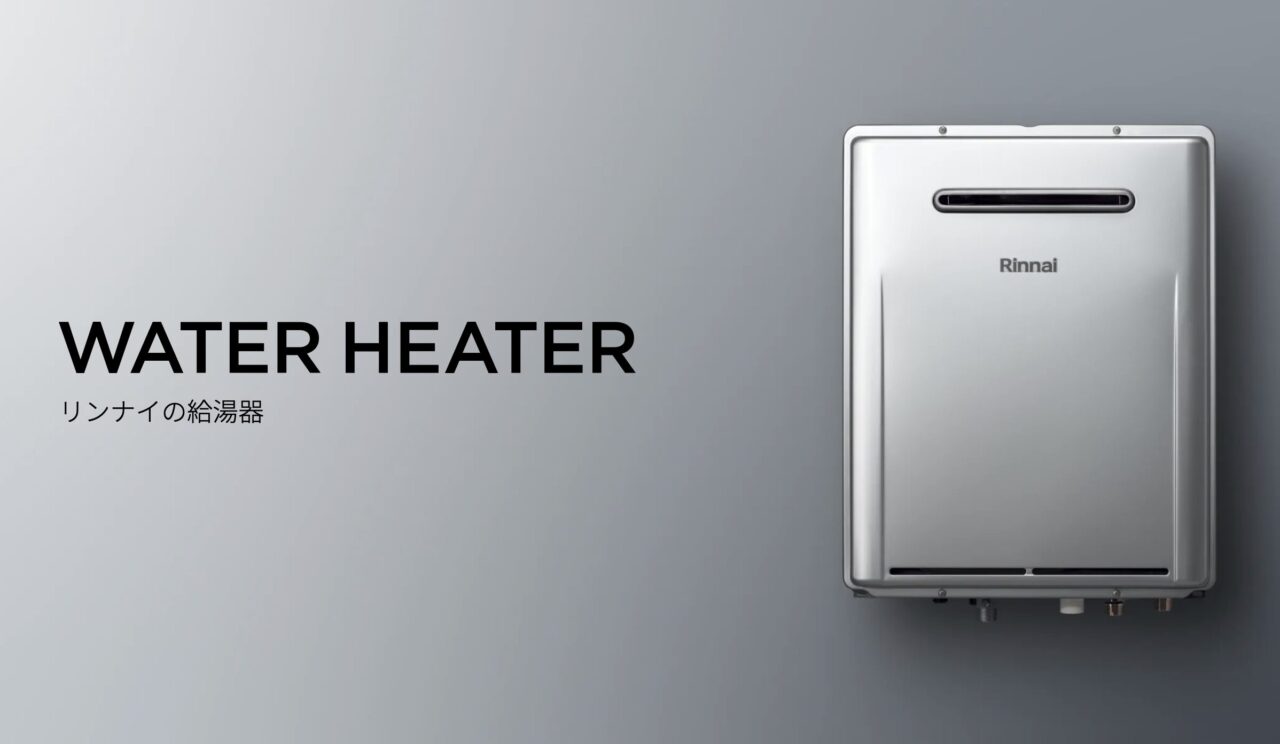 リンナイの給湯器本体が右側に配置され、左側に「WATER HEATER」と日本語説明が入ったシンプルな横長ビジュアル。