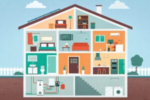 住宅の断面図で各部屋の配置と給湯器や配管など設備構成がわかるシンプルなイラスト