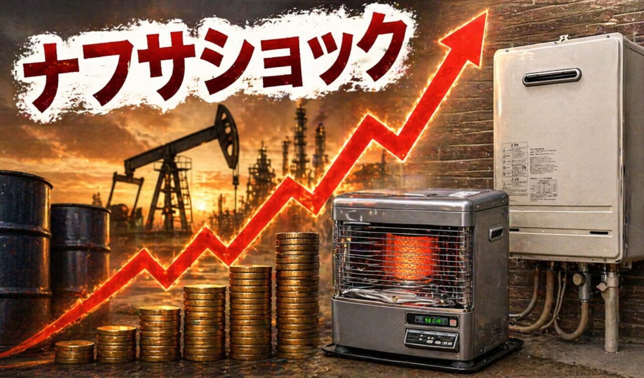 ナフサ価格の高騰を背景に、石油施設・上昇グラフ・コインとともにストーブと給湯器が配置され、エネルギーコスト上昇を表現したイメージ