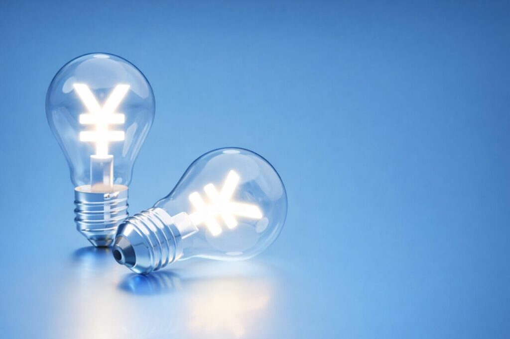 円マークが光る電球が2つ並び、青い背景で光熱費や電気料金をイメージさせるビジュアル