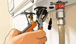 給湯器の配管接続部を工具で調整している作業風景をイラスト風に描いたイメージ画像