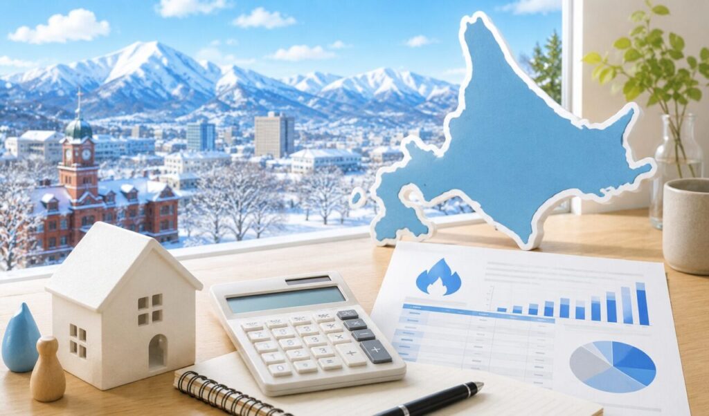 北海道の雪景色と家計イメージを背景に、ガス料金や冬の光熱費負担を表現したイラスト
