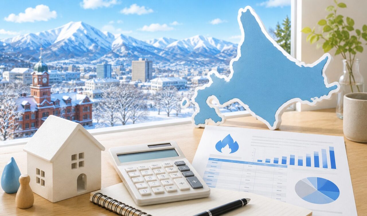 北海道の雪景色と家計イメージを背景に、ガス料金や冬の光熱費負担を表現したイラスト